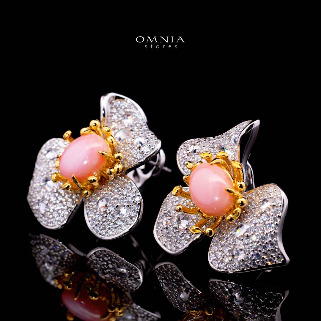 Omnia Ahram Pink Coral Flower Silver Drop Earrings in 925 Silver High Quality White Simulated Diamond Stones - Image 2