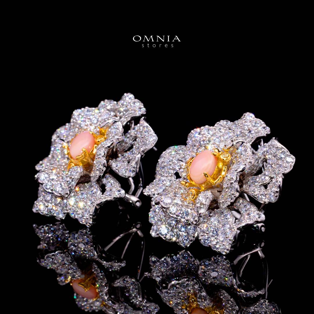 Omnia Sihab Pink Coral Flower Silver Clip Earrings in 925 Silver High Quality White Simulated Diamond Stones - Image 2
