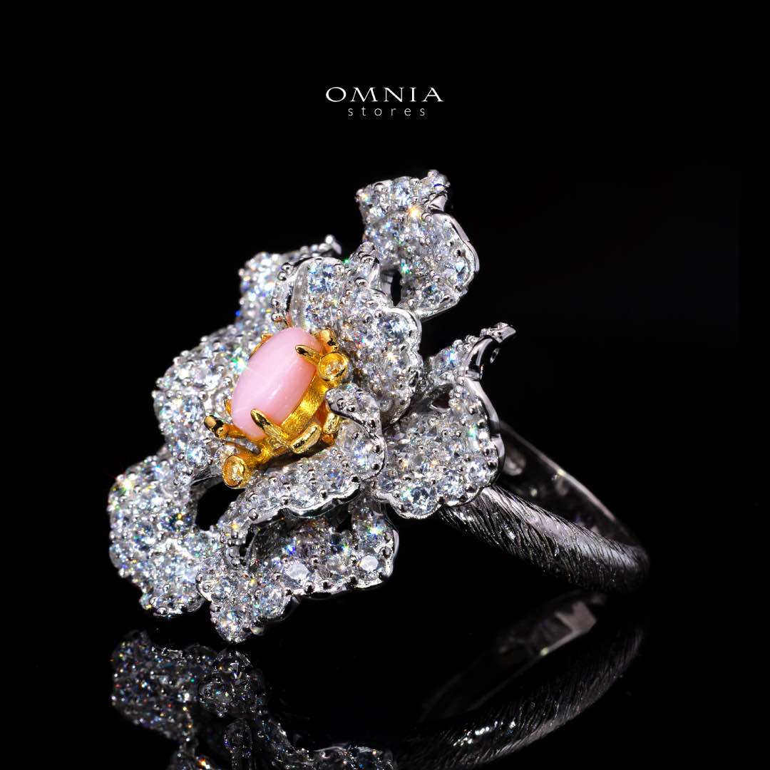 Omnia Sihab Pink Coral Flower Silver Ring in 925 Silver High Quality White Simulated Diamond Stones - Image 2