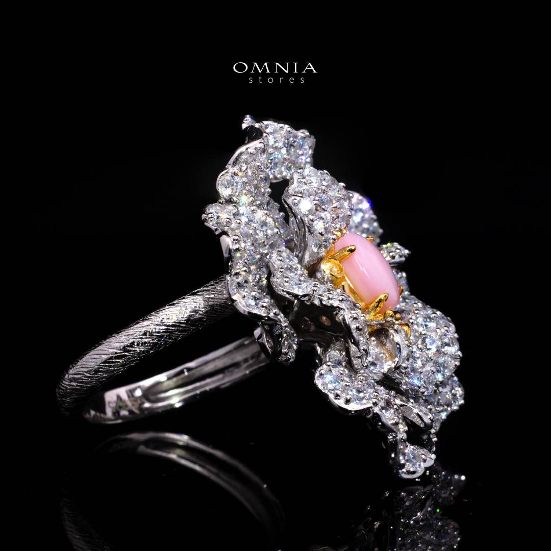 Omnia Sihab Pink Coral Flower Silver Ring in 925 Silver High Quality White Simulated Diamond Stones - Image 3