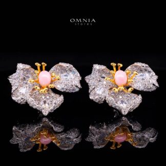 Omnia Fiora Pink Coral Flower Silver Clip Earrings in 925 Silver High Quality White Simulated Diamond Stones