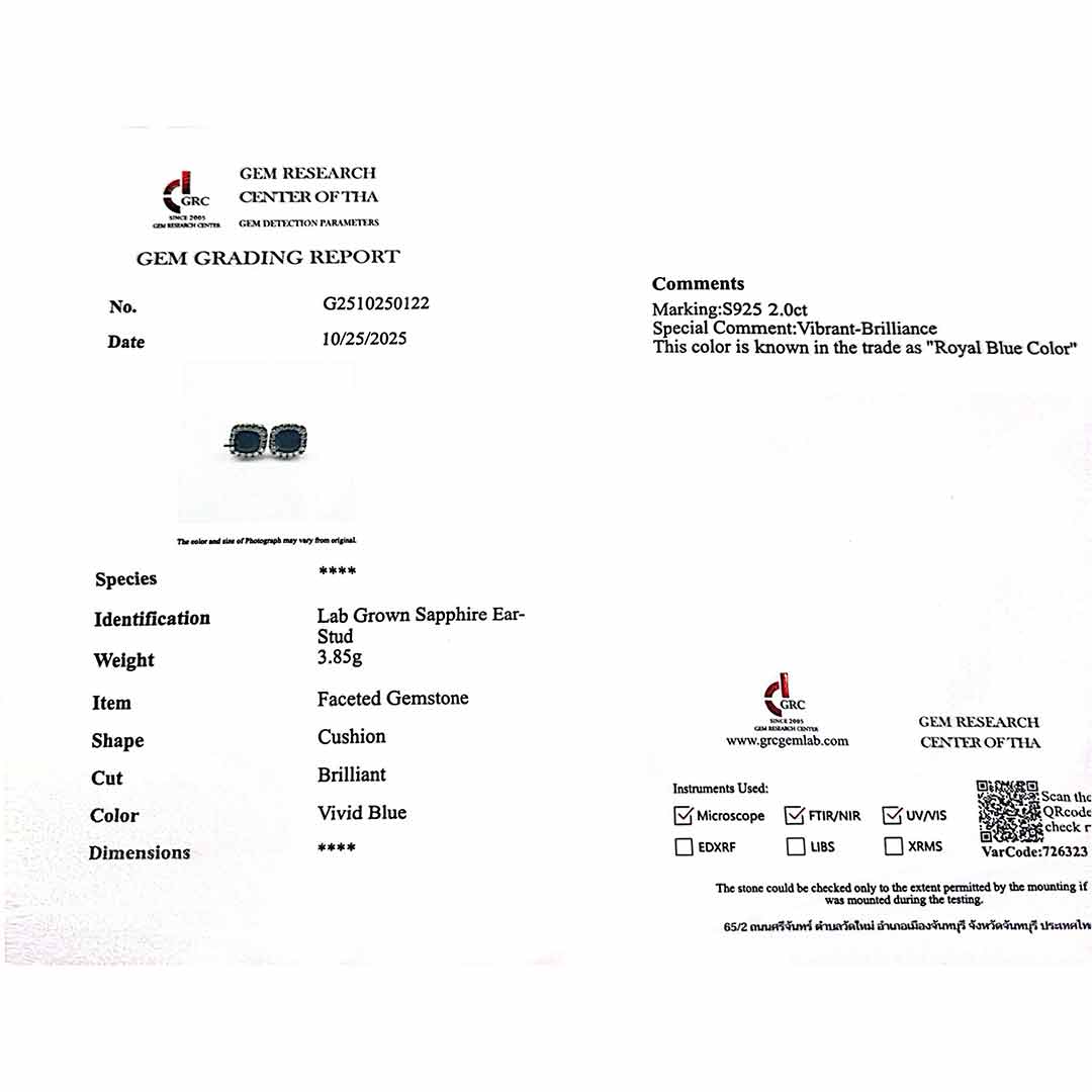 Omnia Dareema Silver Square Stud Earrings 925 Silver in GRC Certifited High Quality Sapphire Blue Lab Grown Stones - Image 3