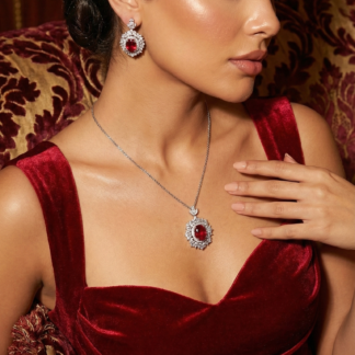 Omnia Esma Silver Necklace and Earrings Set in 925 Silver With High Quality GRC Certified Ruby Red Lab Grown Stones