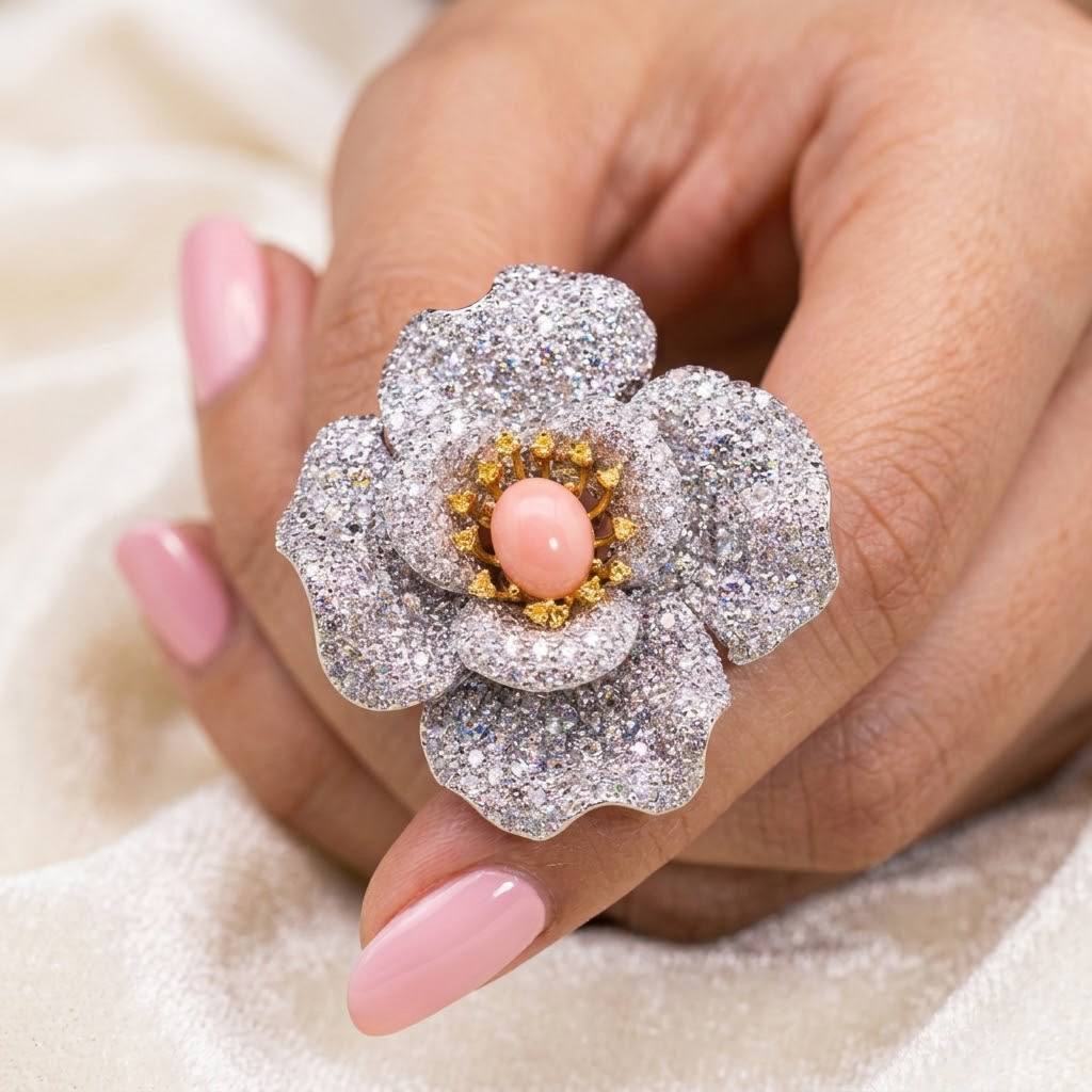 Omnia Ghaydaa Pink Coral Flower Silver Brooch in 925 Silver High Quality White Simulated Diamond Stones
