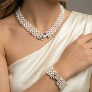 Omnia Alice Fresh Water Pearl Necklace and Bracelet Set with 925 Silver High Quality Simulated Diamonds Stones