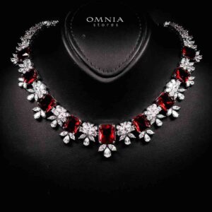 Omnia Charlotte Red Luxry Bridal Full Set with Emerald and Pear-Cut High-Quality Simulated Diamonds Rhodium Plated