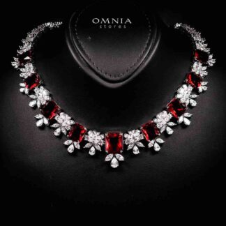 Omnia Charlotte Red Luxry Bridal Full Set with Emerald and Pear-Cut High-Quality Simulated Diamonds Rhodium Plated