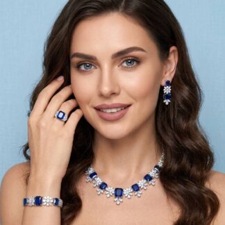 Omnia Charlotte Blue Luxry Bridal Full Set with Emerald and Pear-Cut High-Quality Simulated Diamonds Rhodium Plated