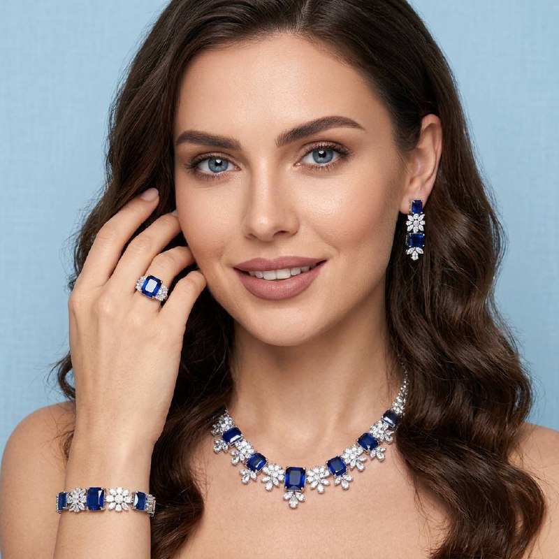 Omnia Charlotte Blue Luxry Bridal Full Set with Emerald and Pear-Cut High-Quality Simulated Diamonds Rhodium Plated