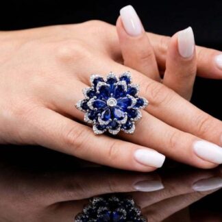 Omnia Damiyah Royal Blue Floral Silver Ring in 925 Silver with High Quality Simulated Diamonds