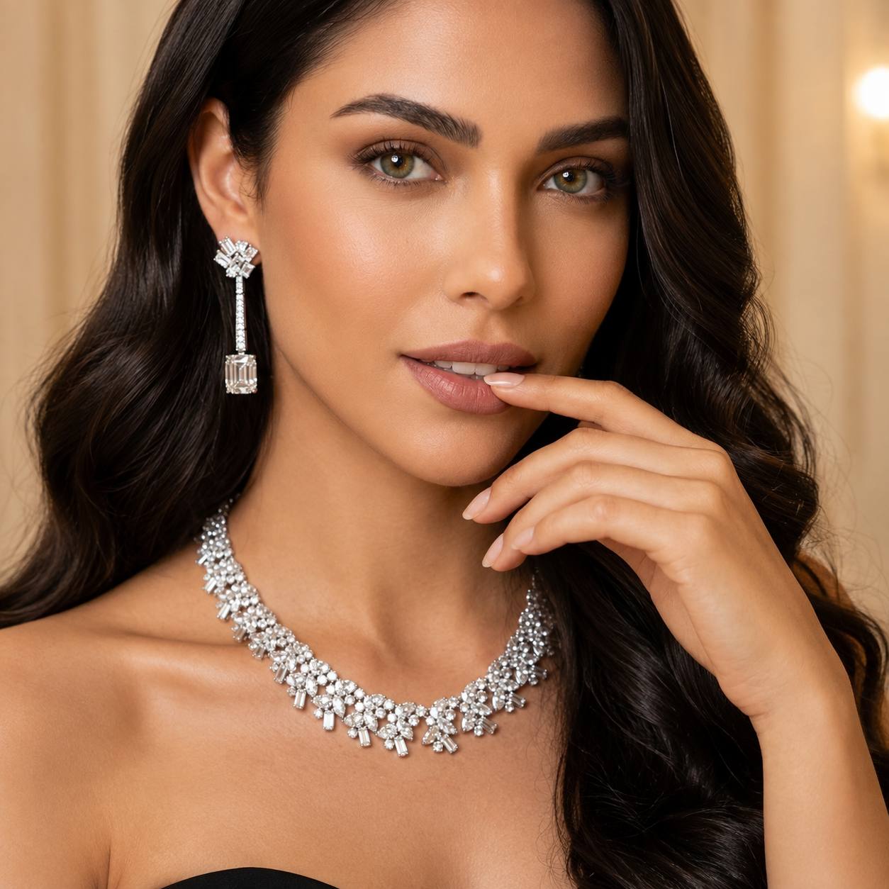 Omnia Farheen White Necklace With High Quality Caertified Lab Crafted Stones In 925 Silver