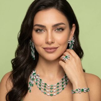 Omnia Mawada Green Bridal Full Set with Elegant Bow-Accent Design and High-Quality Zircon Stones in Rhodium Plated Finish