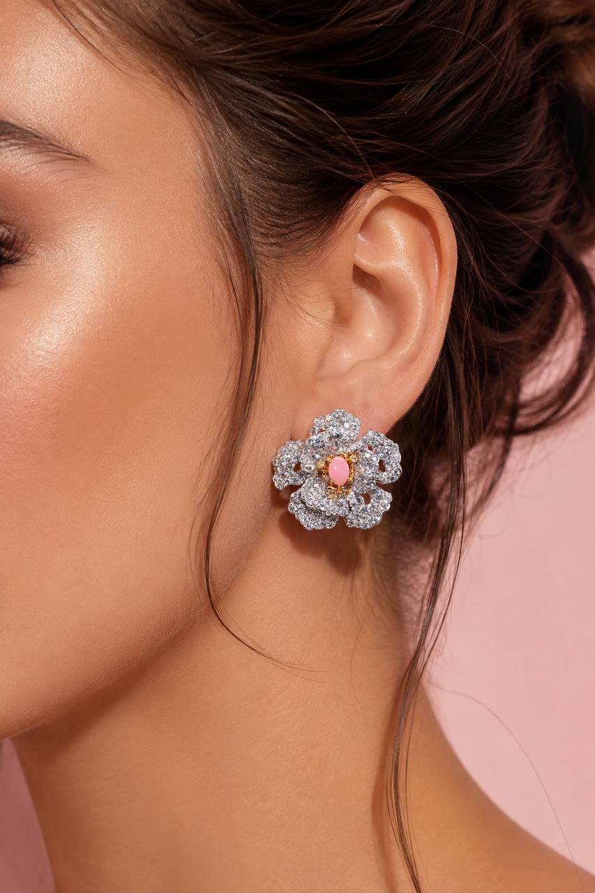 Omnia Sihab Pink Coral Flower Silver Clip Earrings in 925 Silver High Quality White Simulated Diamond Stones - Image 4