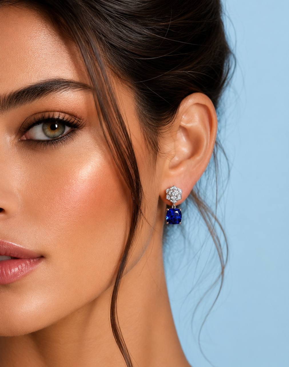 Khansa Lab Grown Blue Sapphite Stones With GRC Certified Rose Design Drop Earrings in 925 Silver - Image 3