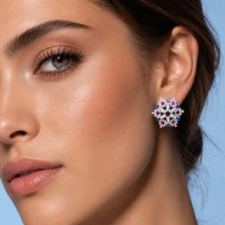 Omnia Feda Multi Color Silver Stud Earrings in 925 Silver High Quality Simulated Diamonds Stones