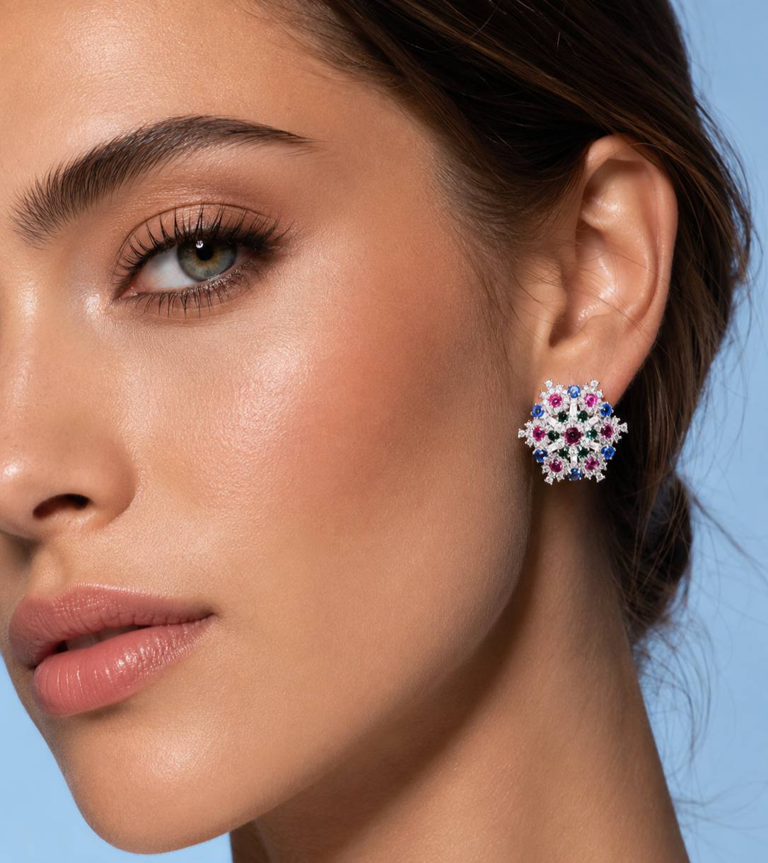 Omnia Feda Multi Color Silver Stud Earrings in 925 Silver High Quality Simulated Diamonds Stones