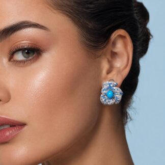 Omnia Suhad Sky Blue Coral Flower Silver Earrings in 925 Silver High Quality White and Sky Blue Simulated Diamond Stones
