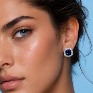 Dareema Lab Grown With GRC Certified Sapphire Blue Stones Square Stud Earrings in 925 Silver
