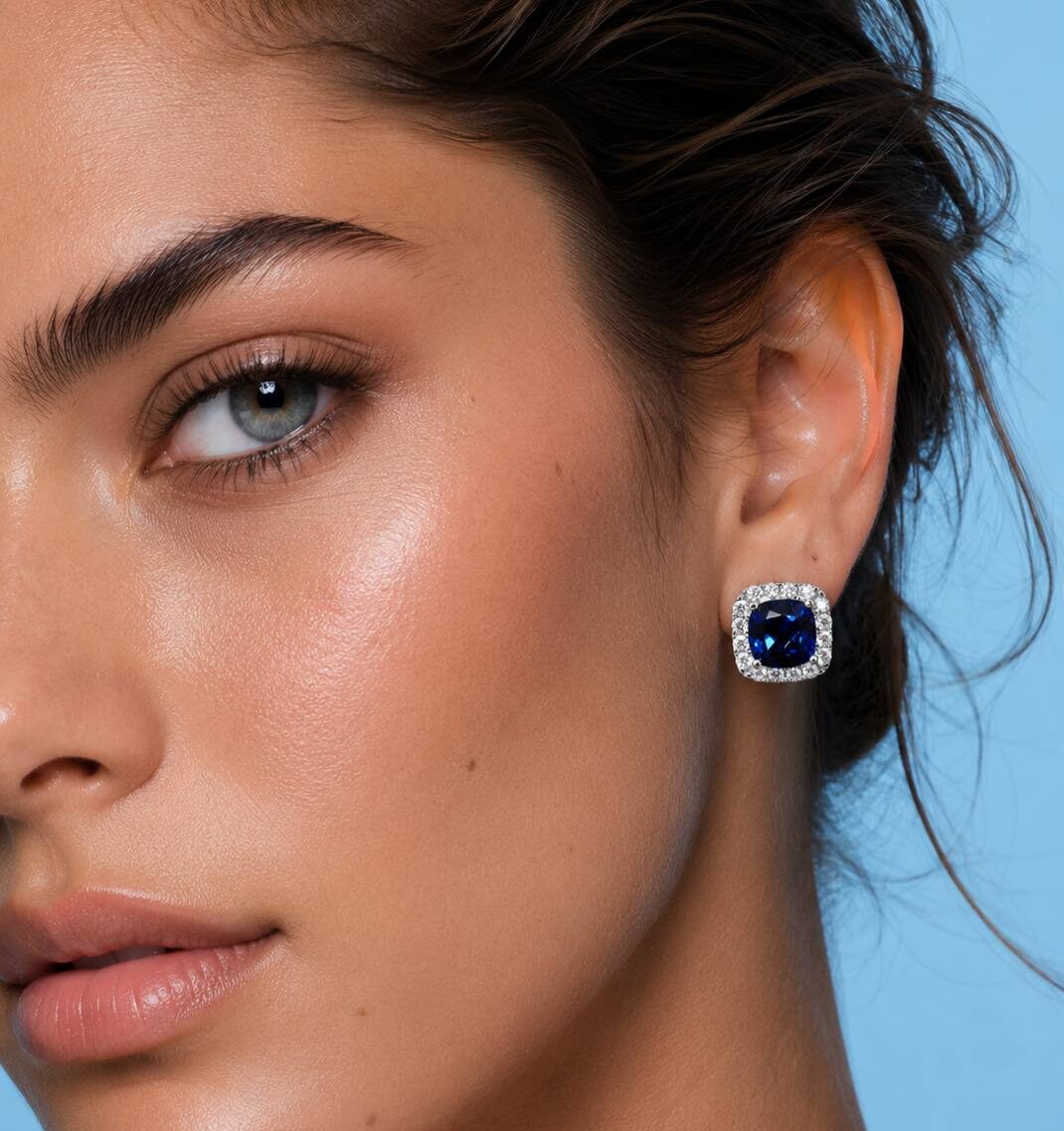 Dareema Lab Grown With GRC Certified Sapphire Blue Stones Square Stud Earrings in 925 Silver