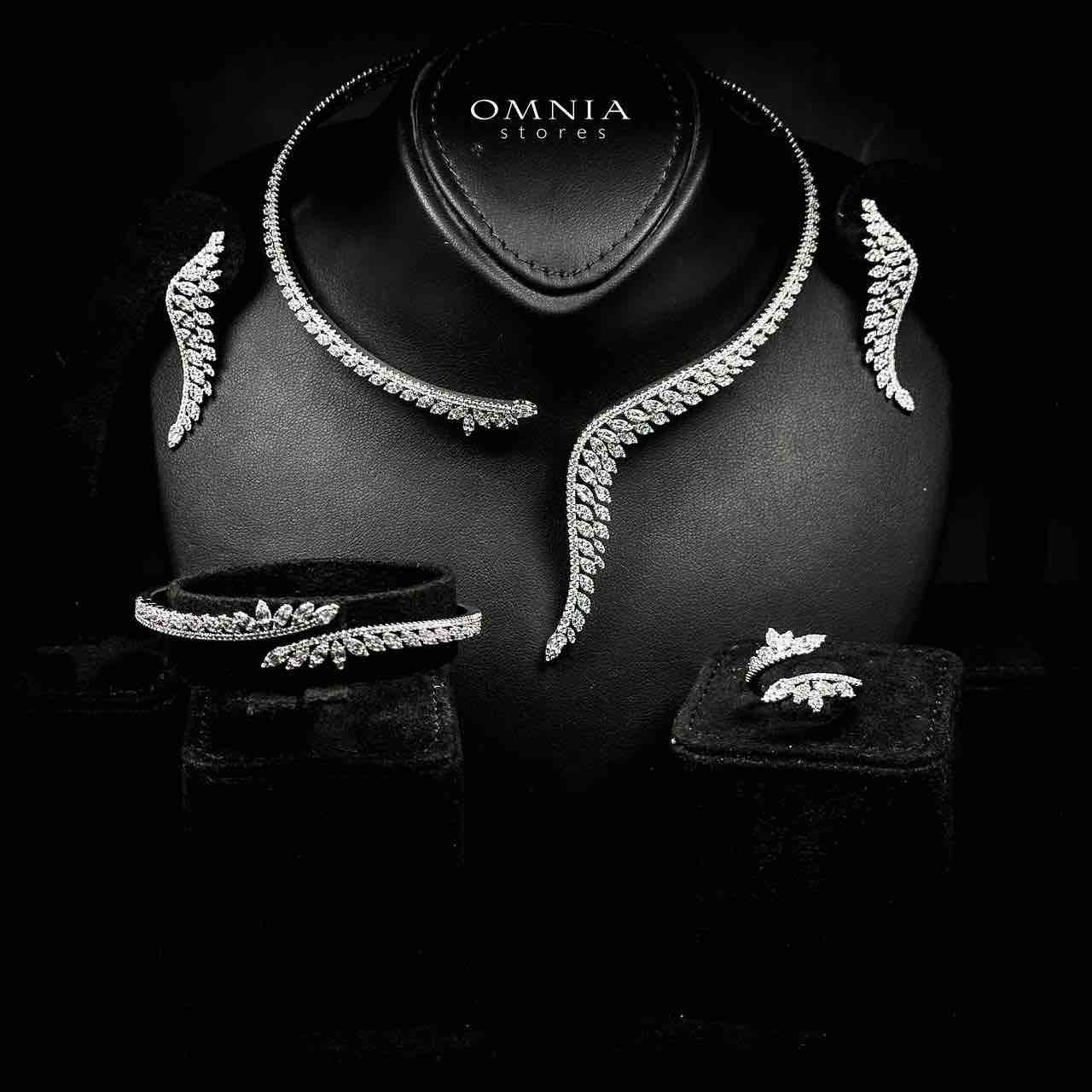 Omnia Manal Luxury Bridal White Leaf Design Full Set in High Quality Zircon Stone Rhodium Plated