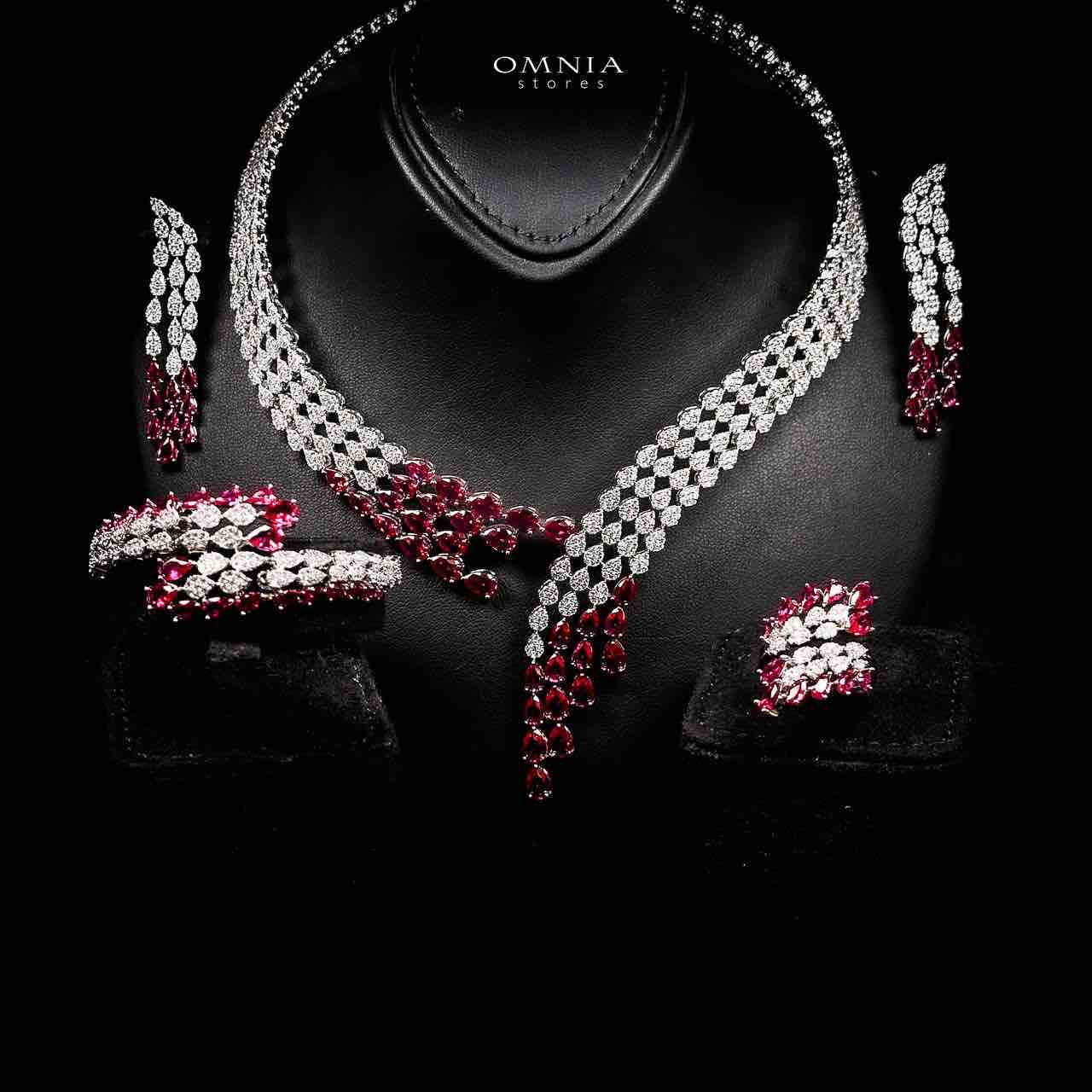 Omnia Amrah Luxury Bridal Red Full Set in High Quality Zircon Stone Rhodium Plated