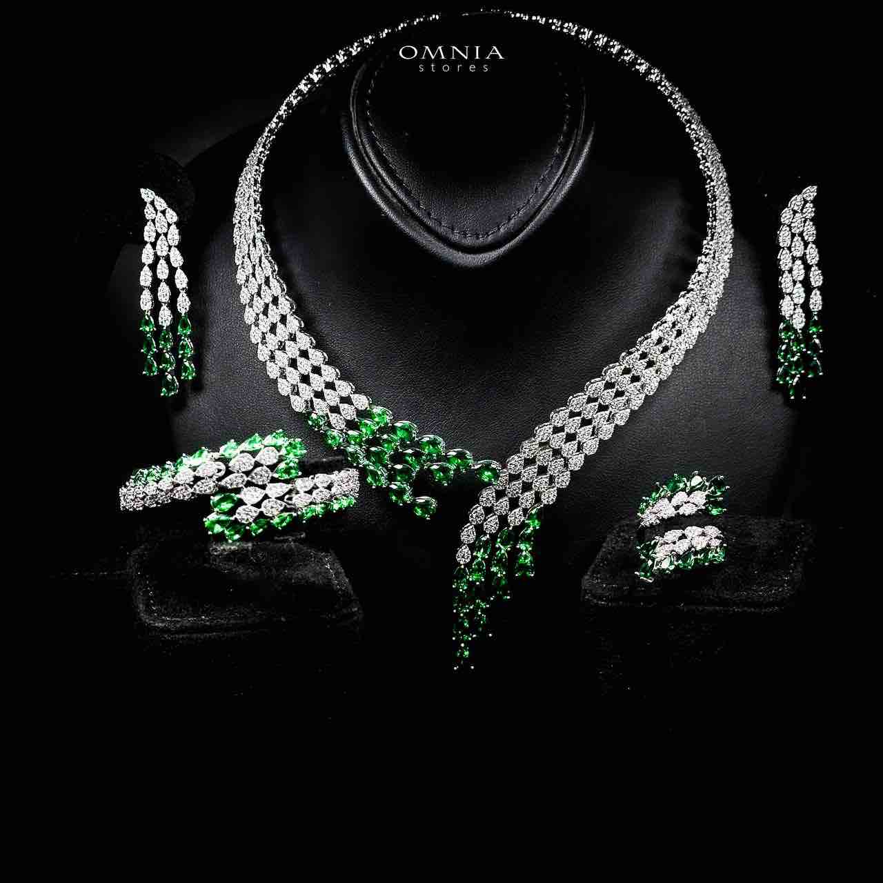 Omnia Amrah Luxury Bridal Green Full Set in High Quality Zircon Stone Rhodium Plated