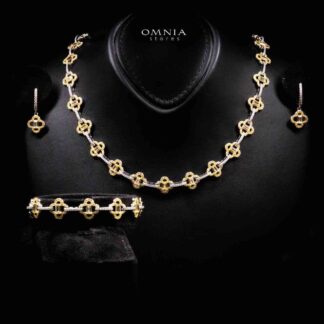 Omnia Amna Gold and White Necklace, Bracelet and Earrings Set in 92.5 Silver High Quality Simulated diamonds