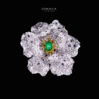 Omnia Riyana Green and Gold Flower Brooch  in 925 Silver High Quality Simulated Diamond Stones