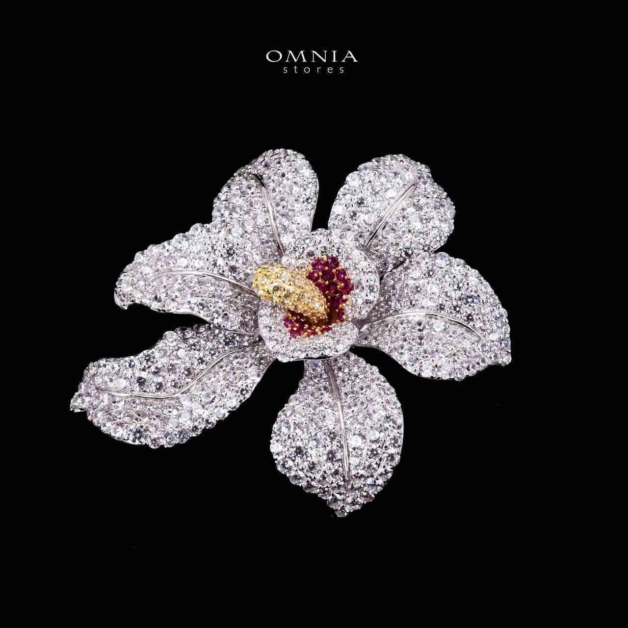 Omnia Fatina Red and Gold Flower Brooch in 925 Silver High Quality Simulated Diamond Stones - Image 2