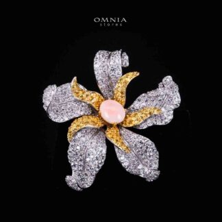 Omnia Afreen Gold Flower Brooch  in 925 Silver High Quality Simulated Diamond Stones With Pink Coral