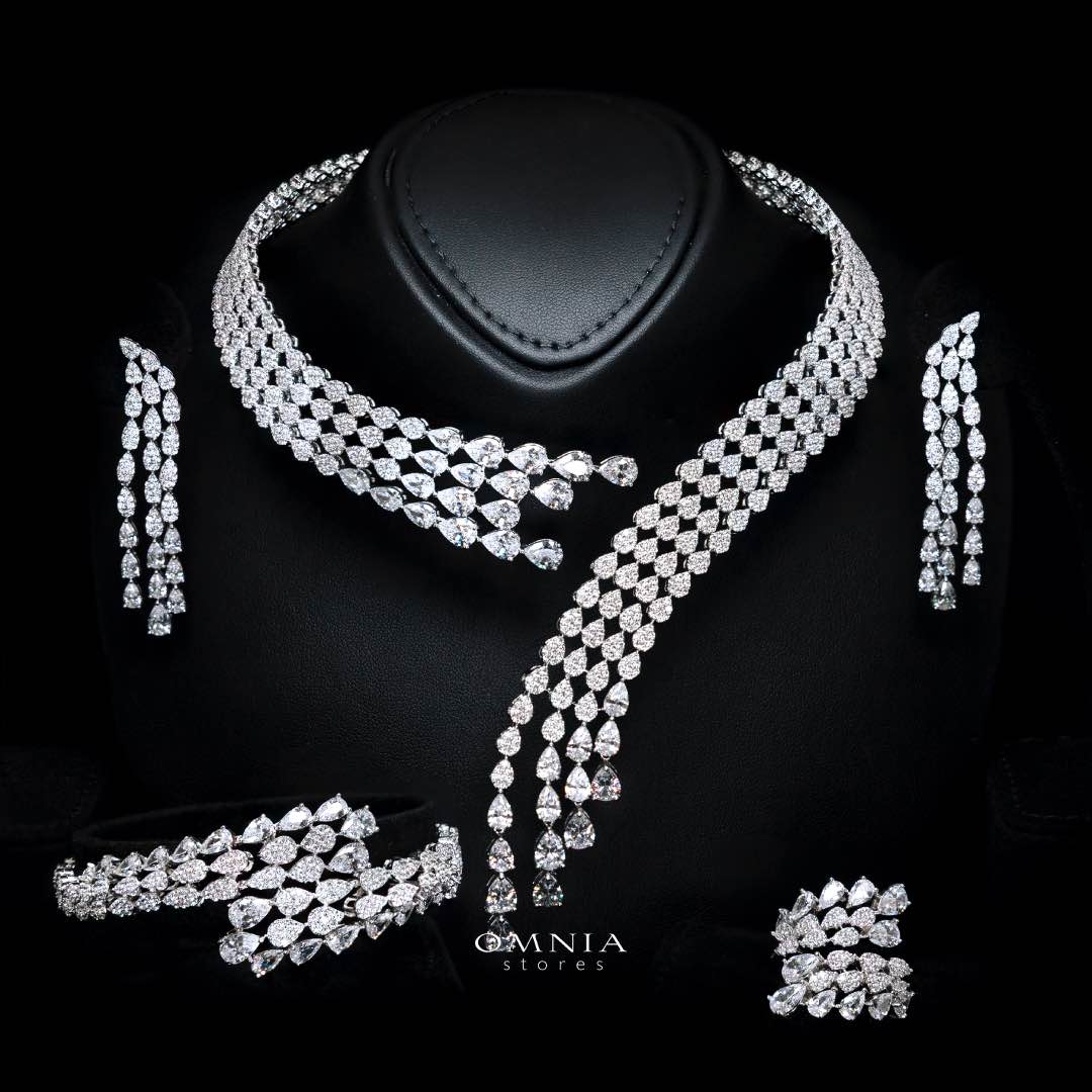Omnia Amrah Luxury Bridal White Full Set in High Quality Zircon Stone Rhodium Plated