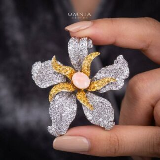 Omnia Afreen Gold Flower Brooch  in 925 Silver High Quality Simulated Diamond Stones With Pink Coral
