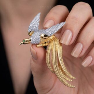 Omnia Aiman Silver and Gold Bird Brooch  in 925 Silver High Quality Simulated Diamond Stones