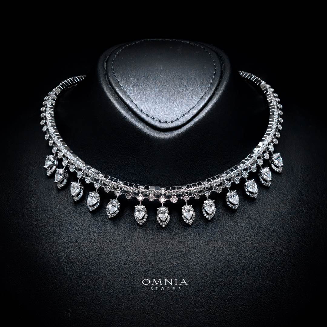 Omnia Siara Silver White Collar Necklace In 925 Silver With High Quality Lab Crafted Stones