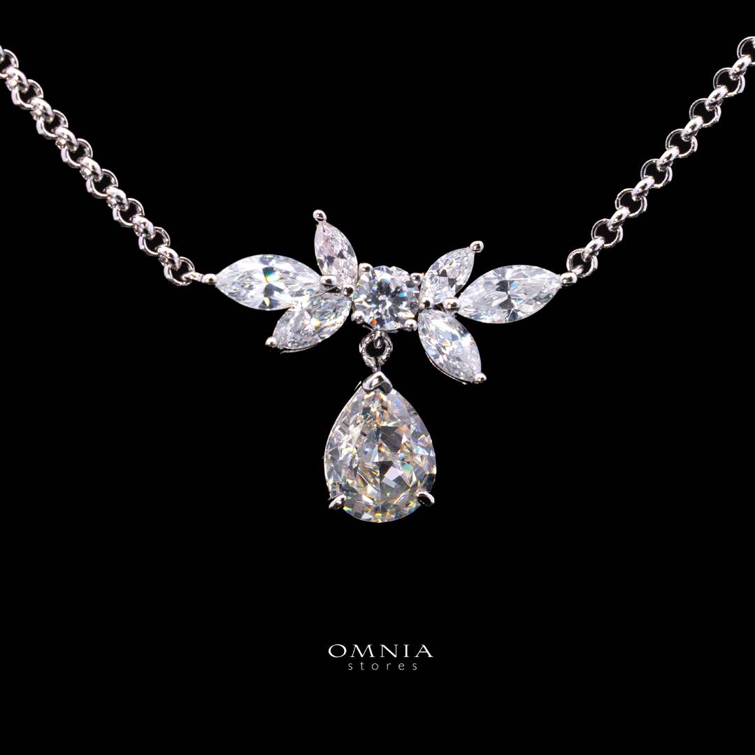 Omnia Naimah White Floral Pendant Necklace With High Quality Certified Lab Crafted Stones In 925 Silver