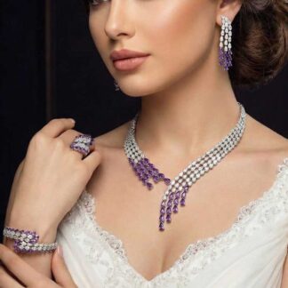 Omnia Amrah Luxury Bridal White and Purple Full Set in High Quality Zircon Stone Rhodium Plated