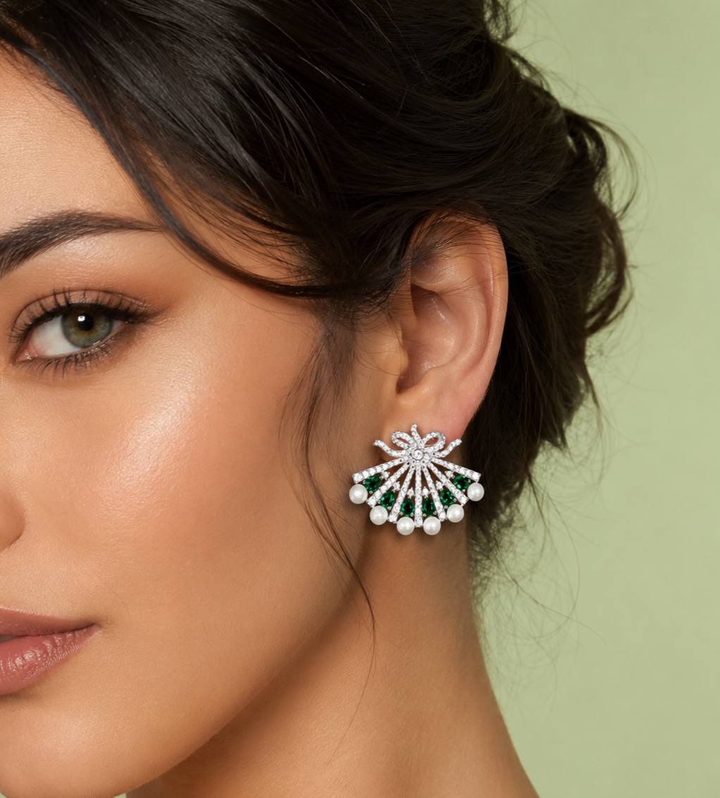 Omnia Azra Pearl White and Green Earrings With High Quality Certified Lab Crafted Stones In 925 Silver - Image 2