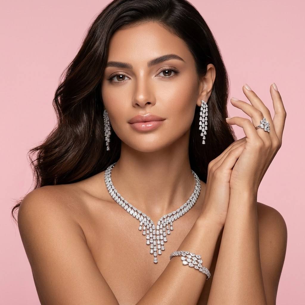 Omnia Senna Luxury Bridal White Full Set in High Quality Zircon Stone Rhodium Plated - Image 3