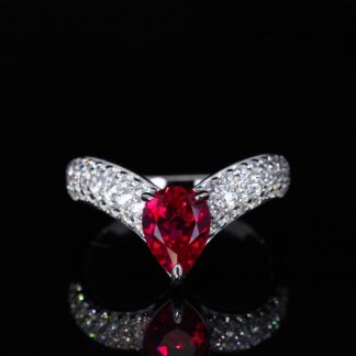 Omnia Aila Red Pear Cut Ring With High Quality Certified Lab Crafted Stones In 925 Silver