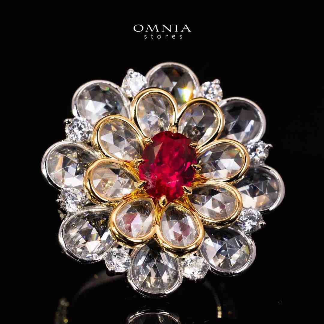 Omnia Alsha White and Gold Floral Ring With High Quality Certified Lab Crafted Stones In 925 Silver