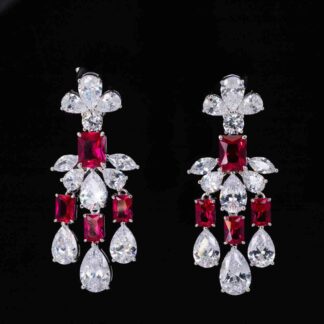 Omnia Ranim White and Red Floral Drop Earrings With High Quality Simulated Diamonds In 925 Silver