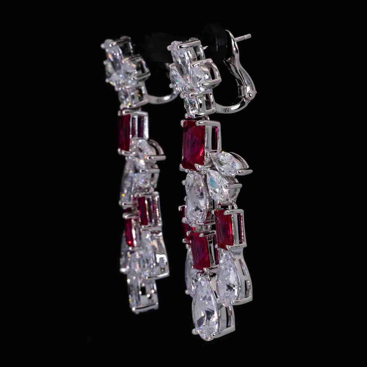 Omnia Ranim White and Red Floral Drop Earrings With High Quality Simulated Diamonds In 925 Silver - Image 2