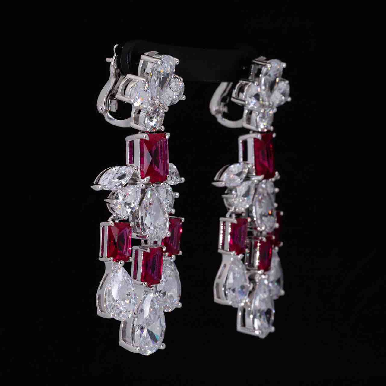 Omnia Ranim White and Red Floral Drop Earrings With High Quality Simulated Diamonds In 925 Silver - Image 3