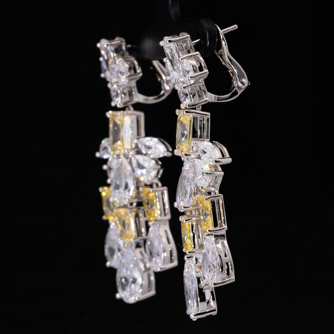 Omnia Ranim White and Yellow Floral Drop Earrings With High Quality Simulated Diamonds In 925 Silver - Image 3