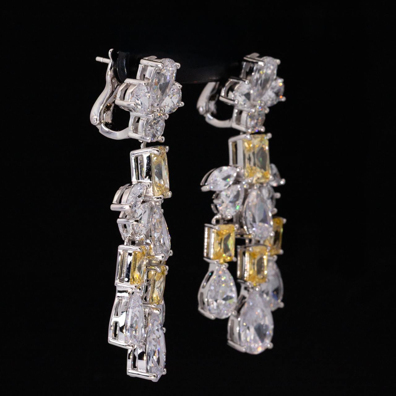 Omnia Ranim White and Yellow Floral Drop Earrings With High Quality Simulated Diamonds In 925 Silver - Image 4