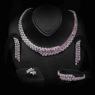 Omnia Trinity Pink Luxury Bridal Full Set in High Quality Zircon Stone in Rhodium Plated