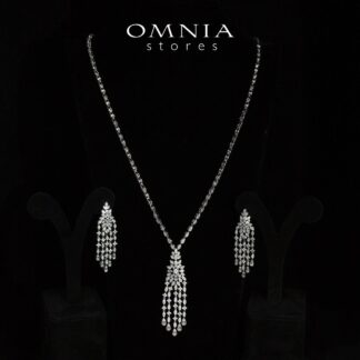 Omnia Nyra Luxury White Bridal Long Chain Necklace & Earrings Set in High Quality Zircon Stone Rhodium Plated