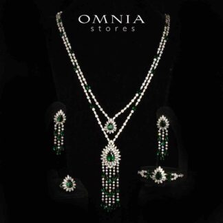 Omnia Alena Luxury Green Bridal Long Chain Full Set in High Quality Zircon Stone Rhodium Plated