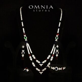 Omnia Jade Red, Green and Blue Bridal Long Chain Set Accessories in High Quality Zircon Stone Rhodium Plated