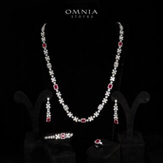 Omnia Reyna Red Luxury Bridal Long Chain Full Set in High Quality Zircon Stone Rhodium Plated